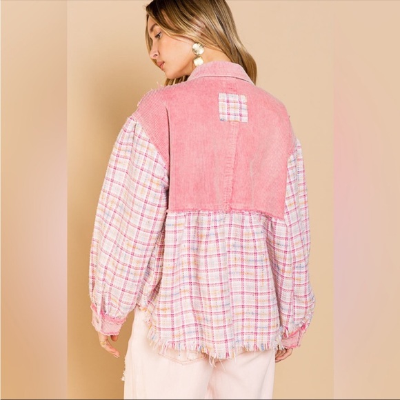 Corduroy Tweed Ballon Sleeves Pink Womens Shacket Button Down - Picture 8 of 11